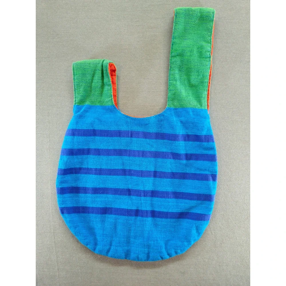 Barefoot Ceylon Handwoven Knot Bag Blue Green Striped Natural Fiber Handmade NWT